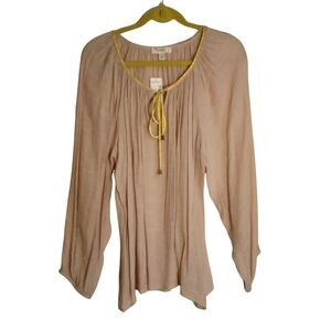 dressbarn Boho Gauze Sheer Lightweight Pullover Tie Front Blouse Top XL Gold NWT